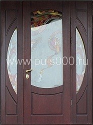 Металлическая парадная дверь из МДФ ПР-12 с ковкой и витражом