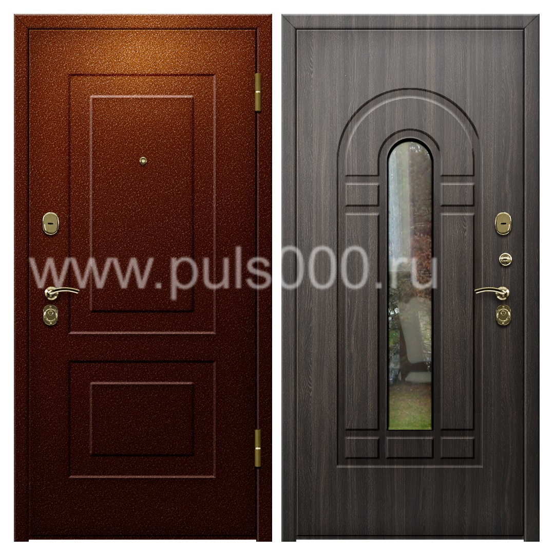 Темная входная дверь с утеплителем и зеркалом для загородного дома PR-1102